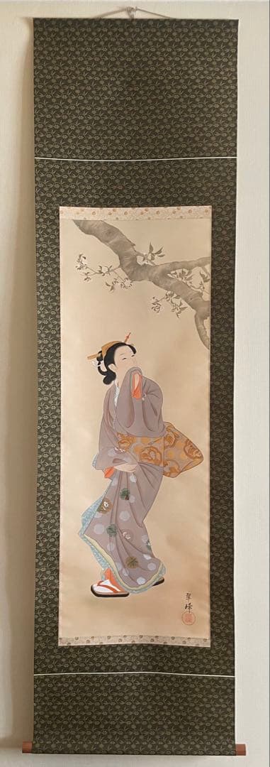 Japanese Hanging Scroll Bijinga Beauty Tsuge Suiho — Standing Figure with Plum Blossom, Signed, Tomobako