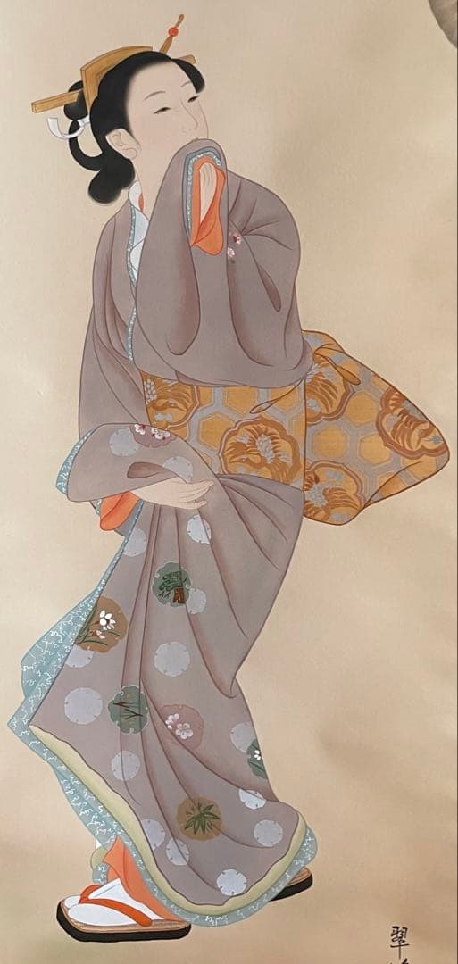 Japanese Hanging Scroll Bijinga Beauty Tsuge Suiho — Standing Figure with Plum Blossom, Signed, Tomobako