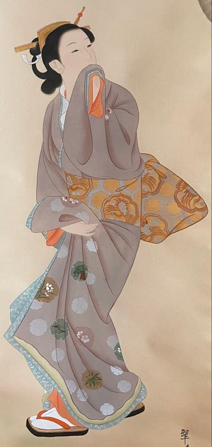 Japanese Hanging Scroll Bijinga Beauty Tsuge Suiho — Standing Figure with Plum Blossom, Signed, Tomobako