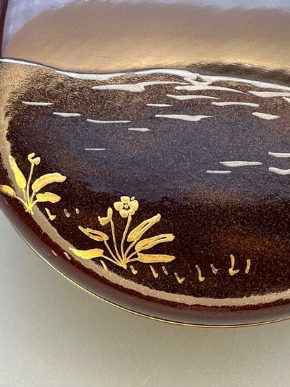 Haruno Kogo Incense Container by Okamoto Shisendo | Kyoto Tame-nuri Lacquer, Gold-Silver Maki-e Spring Field, Nashiji Interior, Tomobako