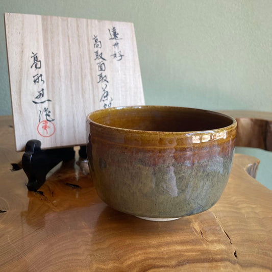 Takatori Ware Faceted Matcha Bowl by Takatori Shinobu — Enshu Konomi Mentori Chawan with Original Signed Box