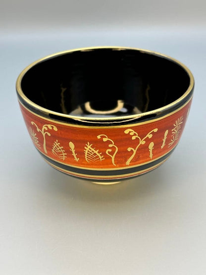 Kuroji Shunso Chawan by Miyagawa Kôrin — Black Ground Spring Grass Tea Bowl, Gold Rim, Wood Box