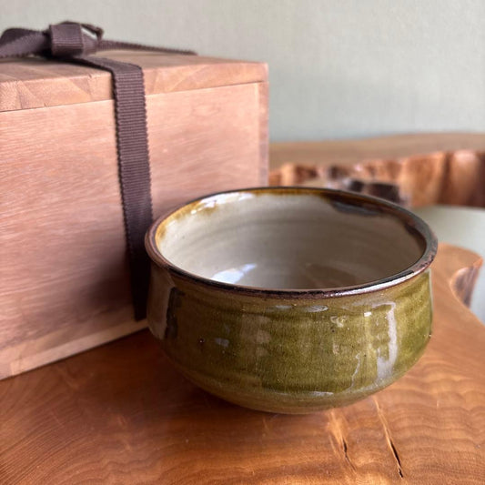 Olive Green Glaze Matcha Bowl by Saburo with Signed Wooden Box | Japanese Tea Ceremony Chawan