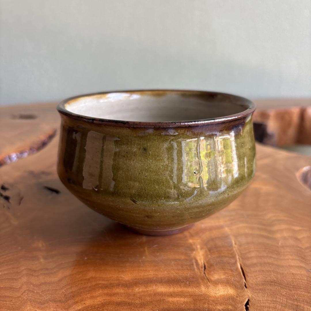 Olive Green Glaze Matcha Bowl by Saburo with Signed Wooden Box | Japanese Tea Ceremony Chawan