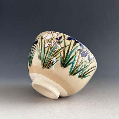 Iris Chawan Tea Bowl by Kinkozan Koho — Iro-e Kakitsubata Kyoto Ware with Original Signed Box