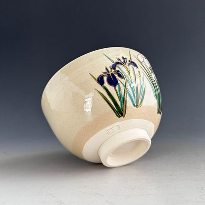 Iris Chawan Tea Bowl by Kinkozan Koho — Iro-e Kakitsubata Kyoto Ware with Original Signed Box