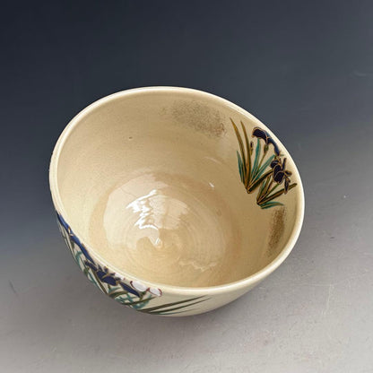 Iris Chawan Tea Bowl by Kinkozan Koho — Iro-e Kakitsubata Kyoto Ware with Original Signed Box