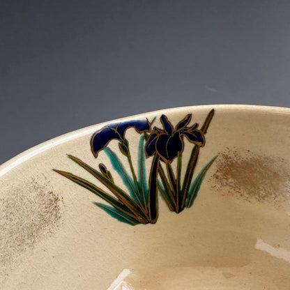 Iris Chawan Tea Bowl by Kinkozan Koho — Iro-e Kakitsubata Kyoto Ware with Original Signed Box