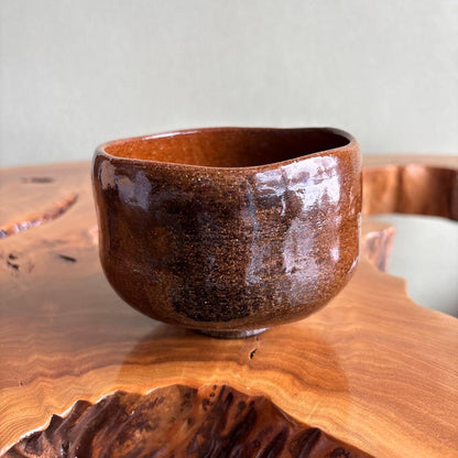 Ohi Ware Ame-yu Tea Bowl by Ohi Choami - Amber Glaze Chawan Raku Lineage with Tomobako