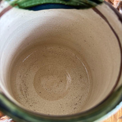 Oribe Cylindrical Tea Bowl | Tsutsu-Chawan with Iron-Painted Vine Motif and Green Rim