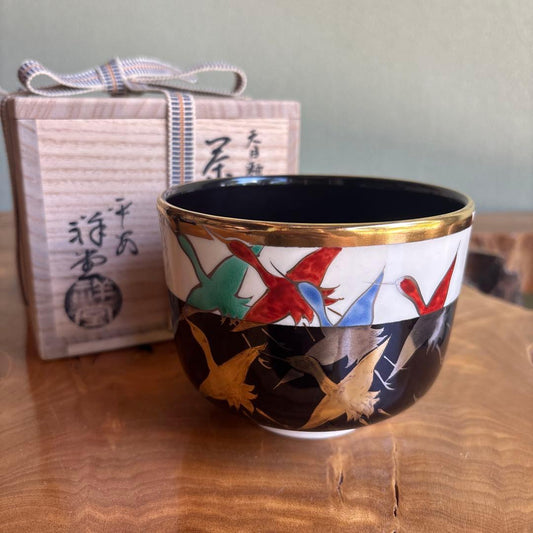 Tenmoku Chawan with Thousand Cranes, Heian Shodo — Gold Rim, Kyoto