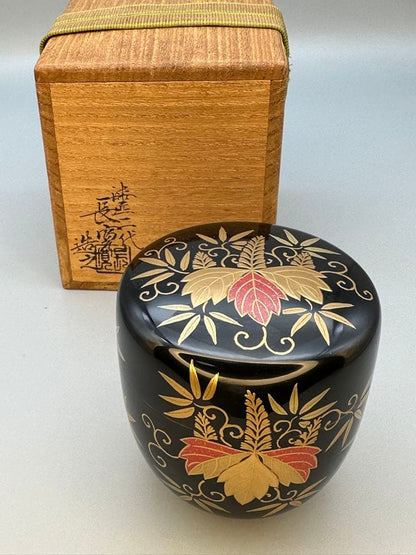 Sano Nagahiro | Natsume Tea Caddy | Kiri-zasa Maki-e | Paulownia Bamboo Grass | Iro-maki-e | Signed Box