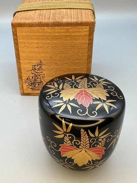 Sano Nagahiro | Natsume Tea Caddy | Kiri-zasa Maki-e | Paulownia Bamboo Grass | Iro-maki-e | Signed Box