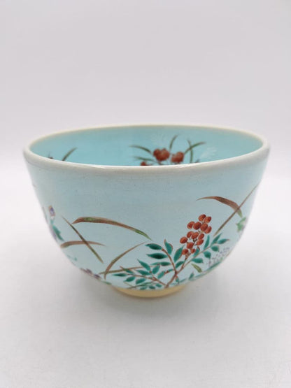 Four Seasons Floral Tea Bowl by Nakamura Ryōji — Ash Glaze, Overglaze Enamel, Kyoto Tradition