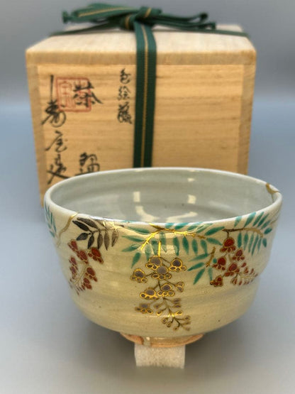 Iroe Wisteria Matcha Bowl by Tanaka Juho — Kyoto Overglaze Enamel Chawan with Tomobako