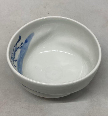 Blue White Galloping Horses Tea Bowl by Terao Tosho - Kyo-yaki Sometsuke Chawan