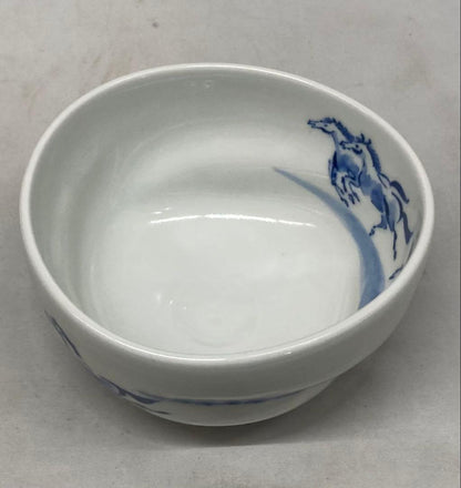 Blue White Galloping Horses Tea Bowl by Terao Tosho - Kyo-yaki Sometsuke Chawan