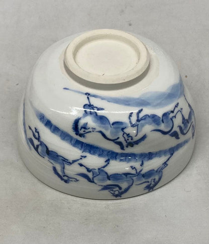 Blue White Galloping Horses Tea Bowl by Terao Tosho - Kyo-yaki Sometsuke Chawan