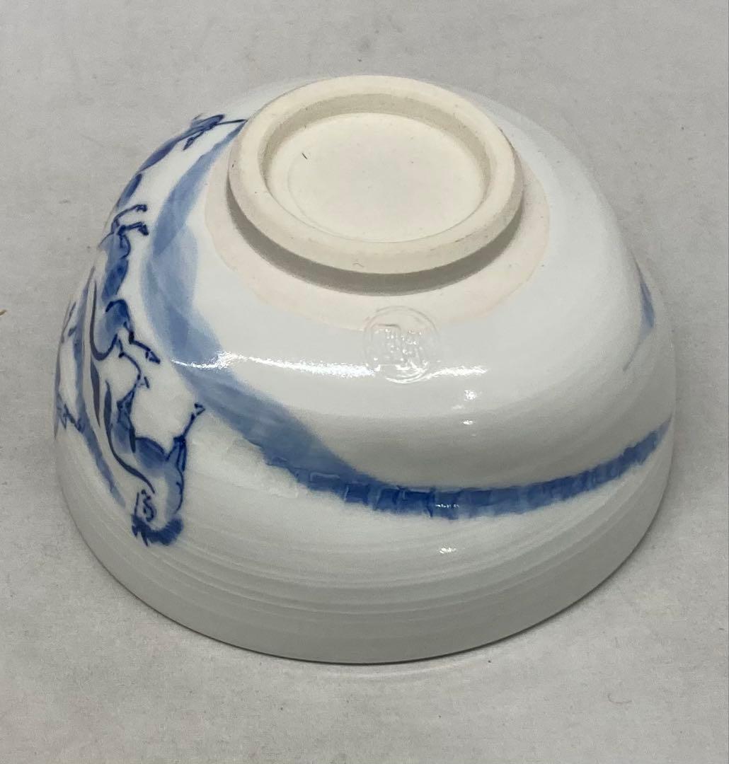 Blue White Galloping Horses Tea Bowl by Terao Tosho - Kyo-yaki Sometsuke Chawan
