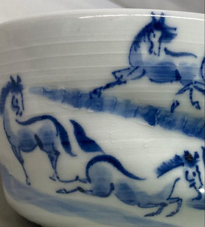 Blue White Galloping Horses Tea Bowl by Terao Tosho - Kyo-yaki Sometsuke Chawan