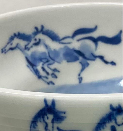 Blue White Galloping Horses Tea Bowl by Terao Tosho - Kyo-yaki Sometsuke Chawan