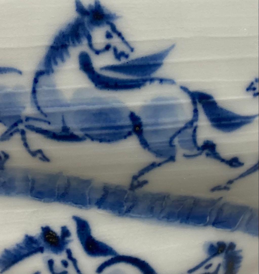Blue White Galloping Horses Tea Bowl by Terao Tosho - Kyo-yaki Sometsuke Chawan