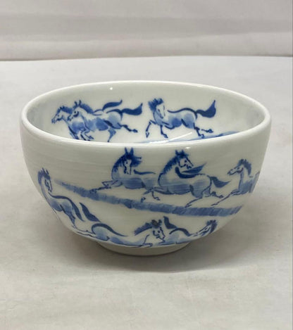 Blue White Galloping Horses Tea Bowl by Terao Tosho - Kyo-yaki Sometsuke Chawan