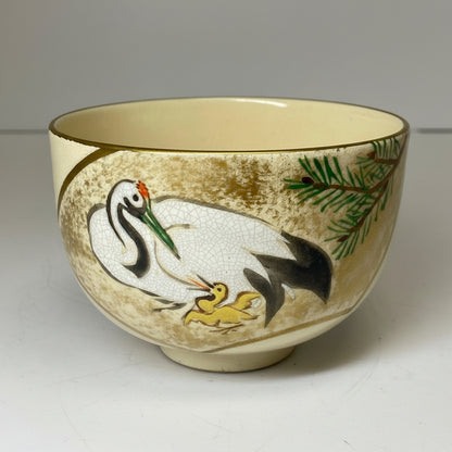 Heian Toraku Ninsei-Style Gold Crane Chawan Kyo-yaki Tea Bowl