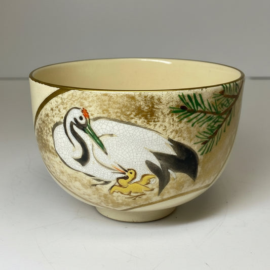 Heian Toraku Ninsei-Style Gold Crane Chawan Kyo-yaki Tea Bowl