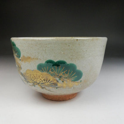 Ash Glaze Old Pine Tea Bowl by Somayama Keigetsu - Kyoto Ware Enamel