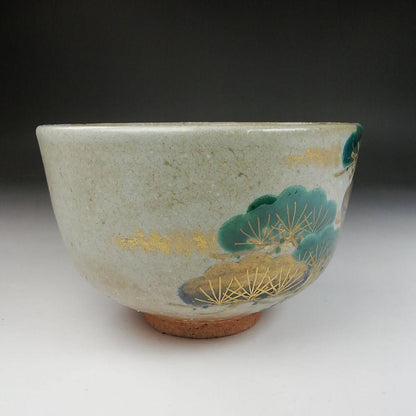Ash Glaze Old Pine Tea Bowl by Somayama Keigetsu - Kyoto Ware Enamel