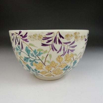 Iro-e Wisteria Tea Bowl by Hashimoto Kisen - Kyo-yaki Chawan with Daitokuji Inscription