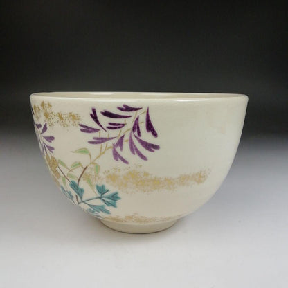 Iro-e Wisteria Tea Bowl by Hashimoto Kisen - Kyo-yaki Chawan with Daitokuji Inscription