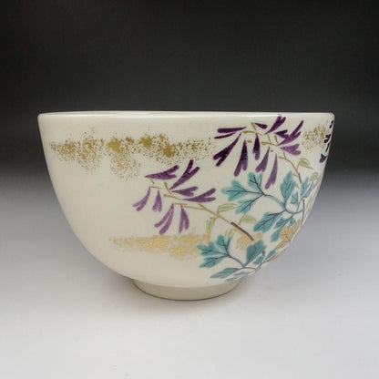 Iro-e Wisteria Tea Bowl by Hashimoto Kisen - Kyo-yaki Chawan with Daitokuji Inscription