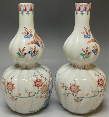 Kakiemon Double Gourd Vase Pair — Phoenix Iro-e Porcelain Set of 2