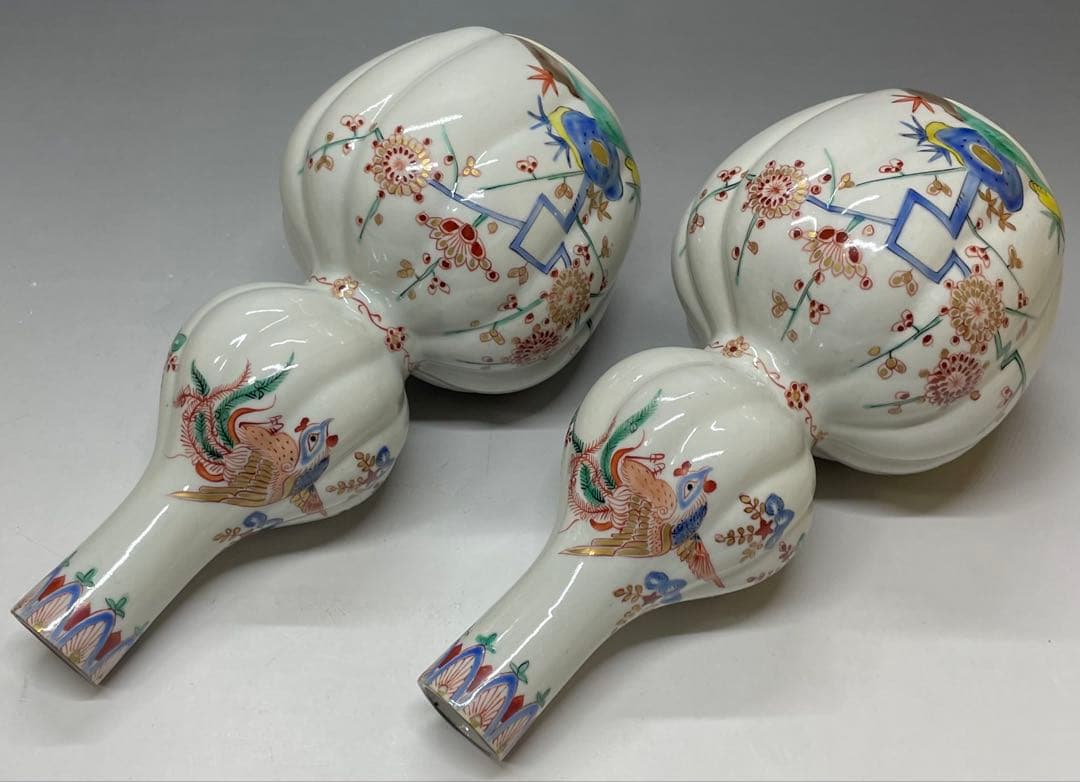 Kakiemon Double Gourd Vase Pair — Phoenix Iro-e Porcelain Set of 2