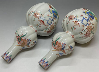 Kakiemon Double Gourd Vase Pair — Phoenix Iro-e Porcelain Set of 2