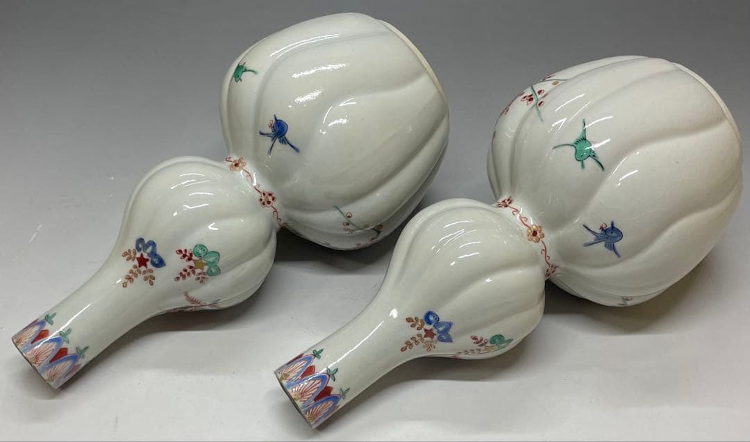 Kakiemon Double Gourd Vase Pair — Phoenix Iro-e Porcelain Set of 2