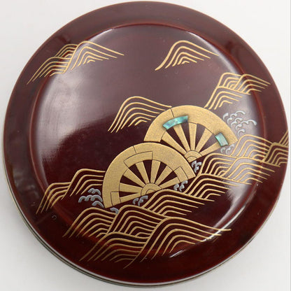 Tame-nuri Lacquer Kogo Incense Box by Sasaki Reiho — Genjiguruma Maki-e with Aogai & Tin Rim