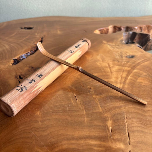 Japanese Bamboo Tea Scoop Chashaku with Bamboo Tube | Calligraphy Inscription | Tea Ceremony Utensil