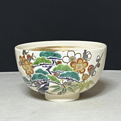 Matcha Bowl Makuzu Kosai Pine Bamboo Plum Overglaze Chawan