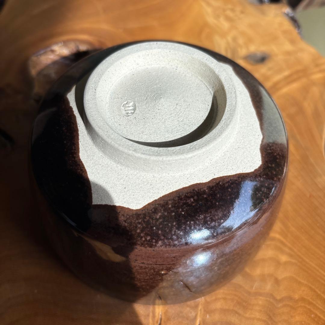 Zeze Ware Faceted Matcha Bowl by Yokaien — Amber Glaze with Milky Drips, Signed Wooden Box