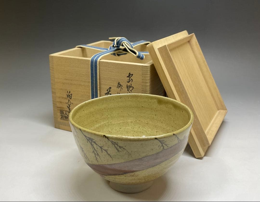 Mushiake Ware Willow Design Tea Bowl by Irie Hakushu - E-Karatsu Style Chawan with Box