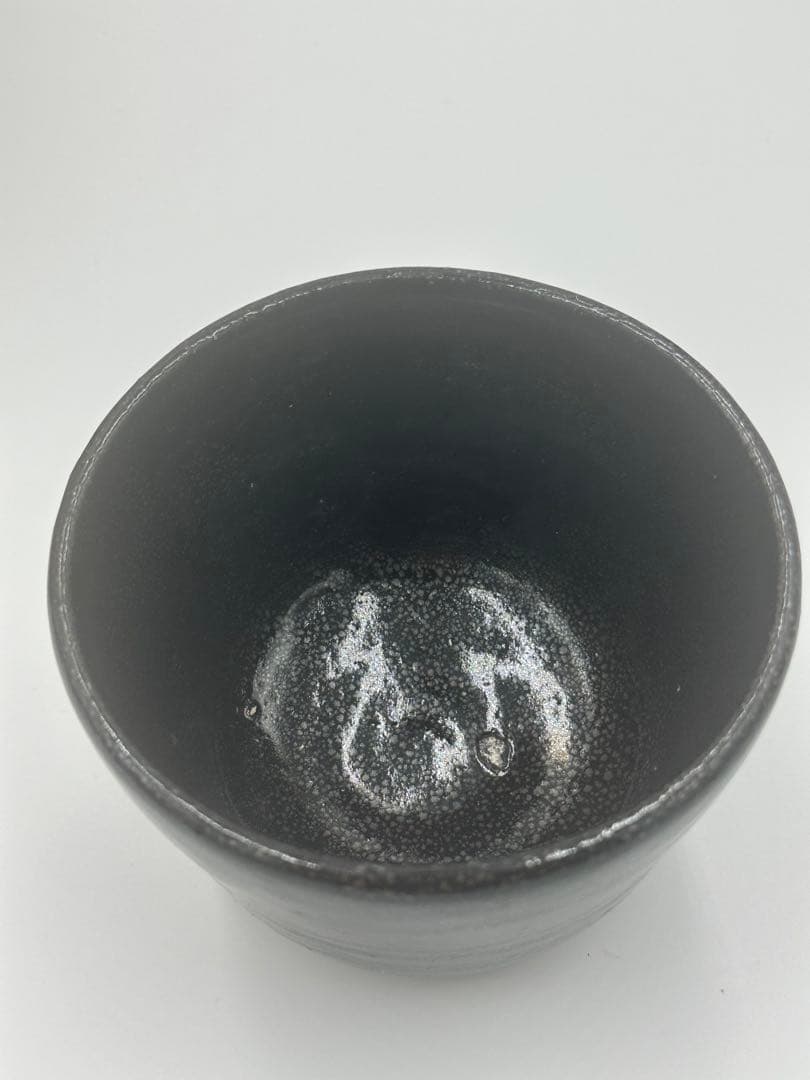 Kimura Morikazu Oil-Spot Tenmoku Glaze Tube-Form Tea Bowl — Silver Constellation, Signed Box