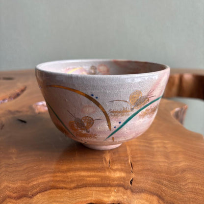 Butterfly Matcha Bowl by Oshikoji Kiln — Soft White Crackle Glaze, Iro-e Motif