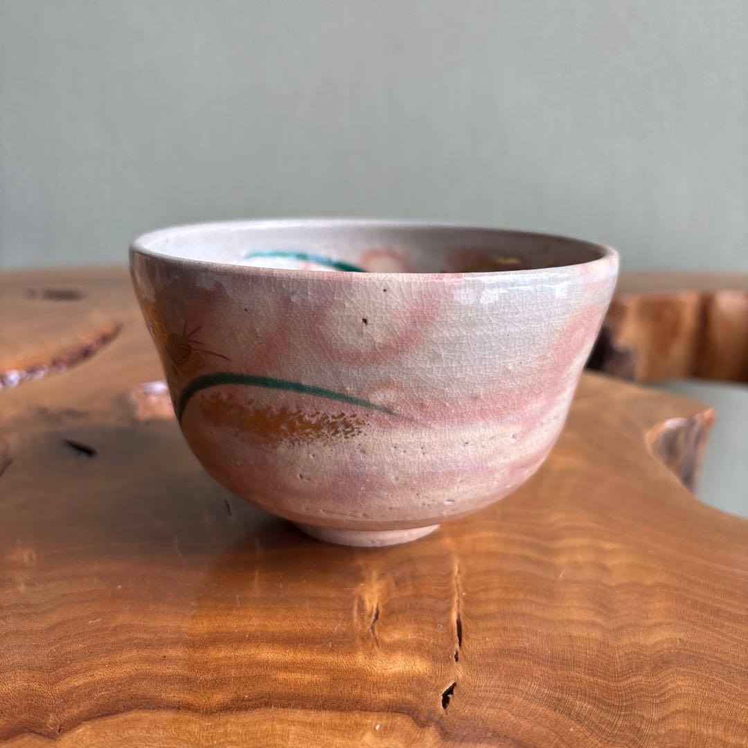 Butterfly Matcha Bowl by Oshikoji Kiln — Soft White Crackle Glaze, Iro-e Motif