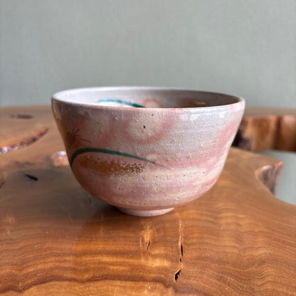 Butterfly Matcha Bowl by Oshikoji Kiln — Soft White Crackle Glaze, Iro-e Motif