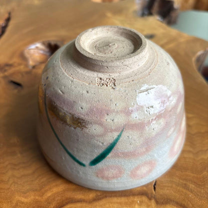 Butterfly Matcha Bowl by Oshikoji Kiln — Soft White Crackle Glaze, Iro-e Motif