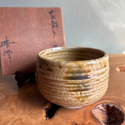 Kiseto Chawan by Seiho - Japanese Matcha Bowl with Amber Yellow Glaze and Iris Motif, Signed Box