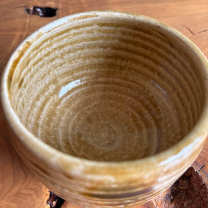 Kiseto Chawan by Seiho - Japanese Matcha Bowl with Amber Yellow Glaze and Iris Motif, Signed Box